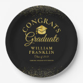 黒パーソナライズされたと金ゴールドのモダン卒業 ペーパープレート (正面)