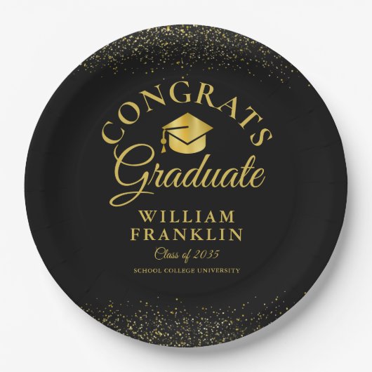 黒パーソナライズされたと金ゴールドのモダン卒業 ペーパープレート (正面)