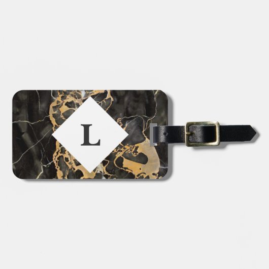 黒パーソナライズされたと金ゴールドの大理石の荷物タグ ラゲッジタグ (正面横)