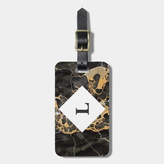 黒パーソナライズされたと金ゴールドの大理石の荷物タグ ラゲッジタグ (正面縦)