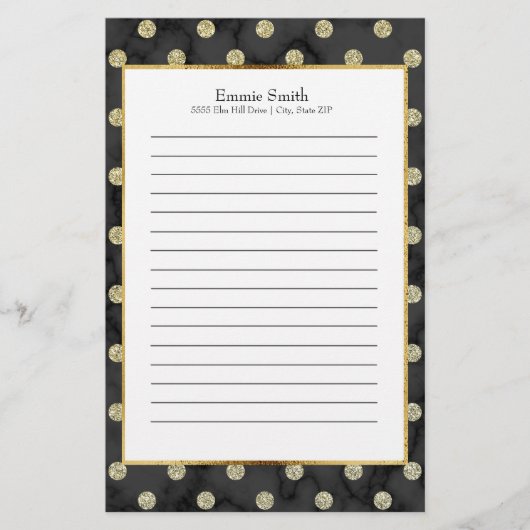 黒パーソナライズされたと金ゴールドの水玉模様 便箋 (正面)