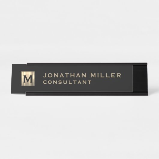 黒パーソナライズされたと金ゴールドモノグラム デスクネームプレート (正面)