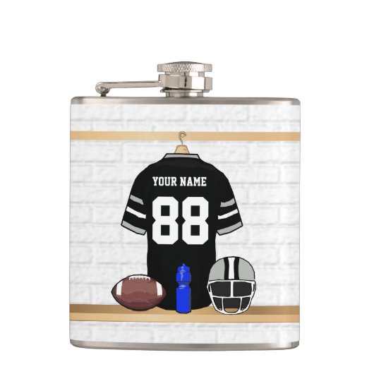 黒パーソナライズされたと銀のグレーサッカージャージー フラスク (正面)