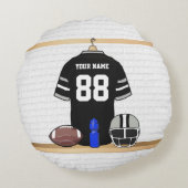 黒パーソナライズされたと銀のグレーサッカージャージー ラウンドクッション (裏面)