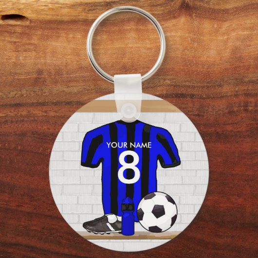 黒パーソナライズされたと青のサッカージャージー キーホルダー (正面)