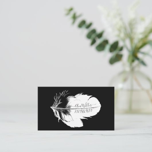 黒パーソナライズされたの白い羽毛 コーリングカード (スタンド正面)