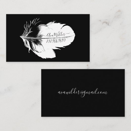 黒パーソナライズされたの白い羽毛 コーリングカード (正面/裏面)