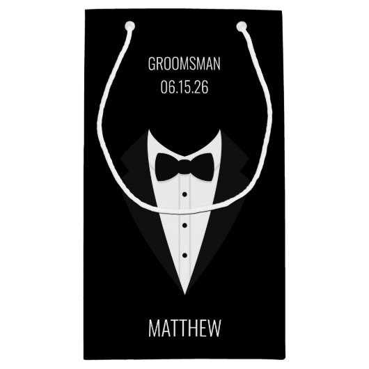 黒パーソナライズされたのTuxedoの結婚groomsmen スモールペーパーバッグ (裏面)