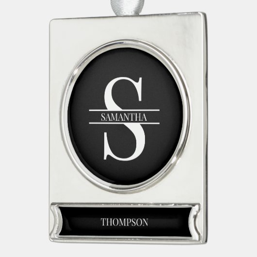 黒パーソナライズされたエレガントと白のモノグラム名 シルバープレートバナーオーナメント (左)