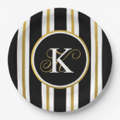 黒パーソナライズされたエレガントと金ゴールドストライプ ペーパープレート (正面)
