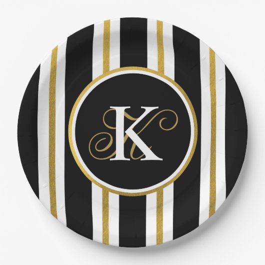 黒パーソナライズされたエレガントと金ゴールドストライプ ペーパープレート (正面)