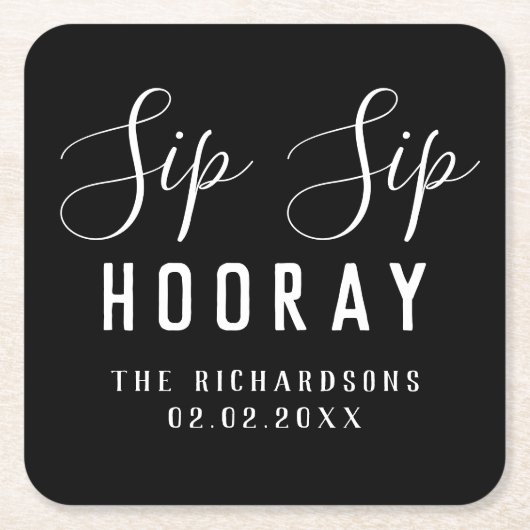 黒パーソナライズされたエレガント口すいホレ結婚イ スクエアペーパーコースター (正面)