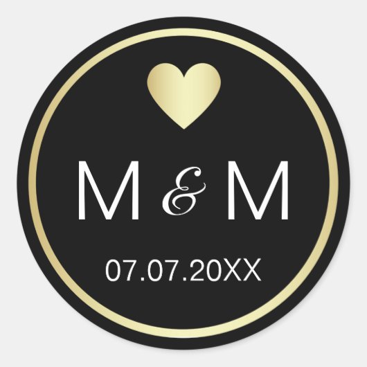 黒パーソナライズされたエレガント金ゴールドとハート結婚ズ ラウンドシール (正面)
