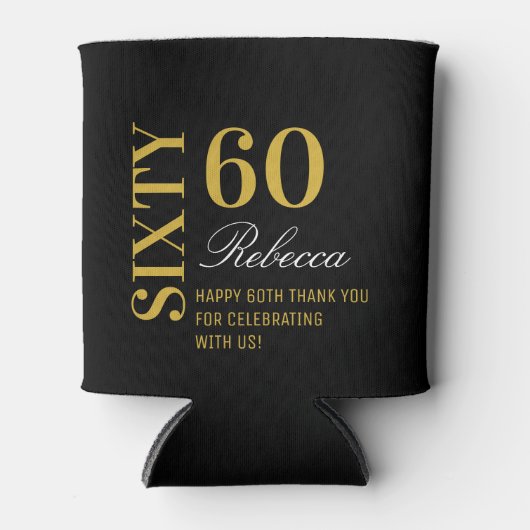 黒パーソナライズされたエレガント金ゴールド60誕生日パーティー 缶クーラー (正面)