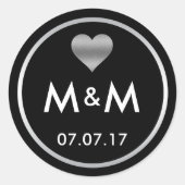 黒パーソナライズされたエレガント銀ハート結婚ズ ラウンドシール (正面)