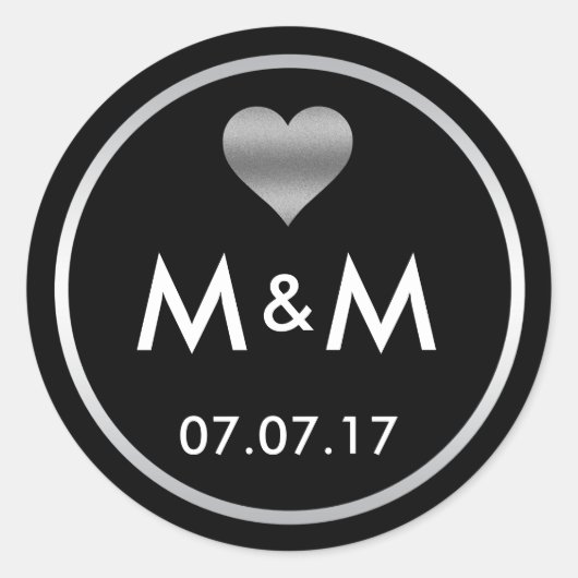 黒パーソナライズされたエレガント銀ハート結婚ズ ラウンドシール (正面)