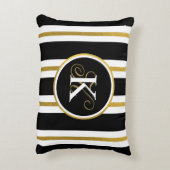 黒パーソナライズされたエレガント&金ゴールドストライプモノグラム アクセントクッション (裏面(縦))