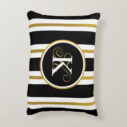 黒パーソナライズされたエレガント&金ゴールドストライプモノグラム アクセントクッション (裏面(縦))