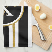 黒パーソナライズされたエレガント&金ゴールドストライプモノグラム キッチンタオル (四つ折り)