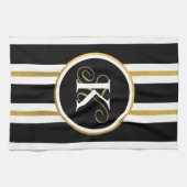 黒パーソナライズされたエレガント&金ゴールドストライプモノグラム キッチンタオル (横)