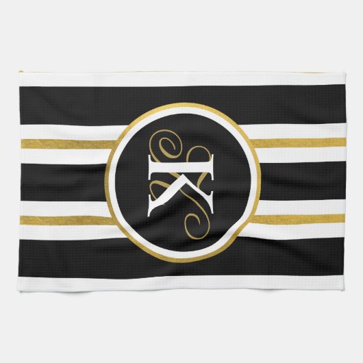黒パーソナライズされたエレガント&金ゴールドストライプモノグラム キッチンタオル (横)