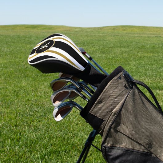 黒パーソナライズされたエレガント&金ゴールドストライプモノグラム ゴルフヘッドカバー (インサイチュ)