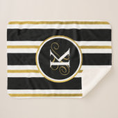 黒パーソナライズされたエレガント&金ゴールドストライプモノグラム シェルパブランケット (正面(横))