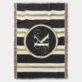 黒パーソナライズされたエレガント&金ゴールドストライプモノグラム スローブランケット (正面縦)