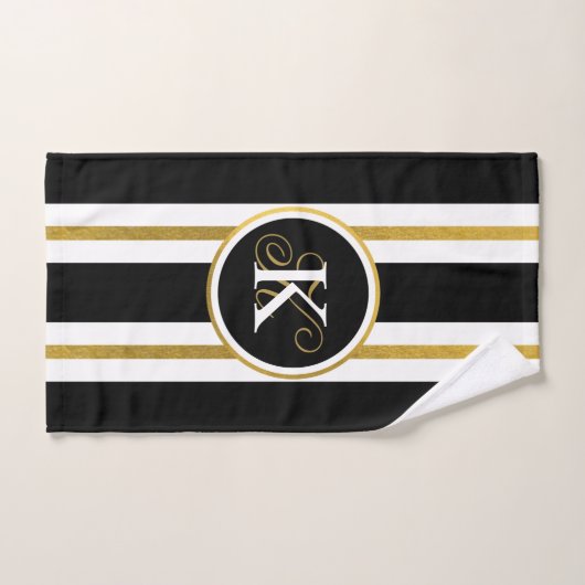黒パーソナライズされたエレガント&金ゴールドストライプモノグラム ハンドタオル (ハンドタオル)