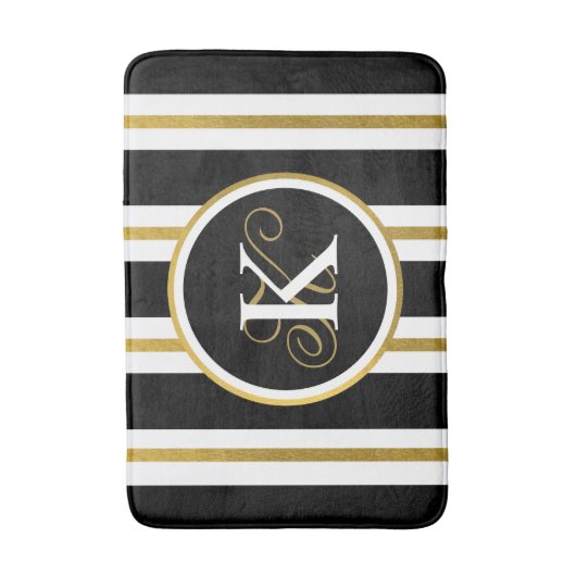 黒パーソナライズされたエレガント&金ゴールドストライプモノグラム バスマット (正面縦)