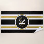 黒パーソナライズされたエレガント&金ゴールドストライプモノグラム ビーチタオル (正面)