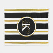 黒パーソナライズされたエレガント&金ゴールドストライプモノグラム フリースブランケット (正面(横))