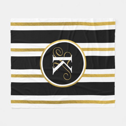黒パーソナライズされたエレガント&金ゴールドストライプモノグラム フリースブランケット (正面(横))