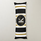 黒パーソナライズされたエレガント&金ゴールドストライプモノグラム ボディピロー (裏面 (縦))