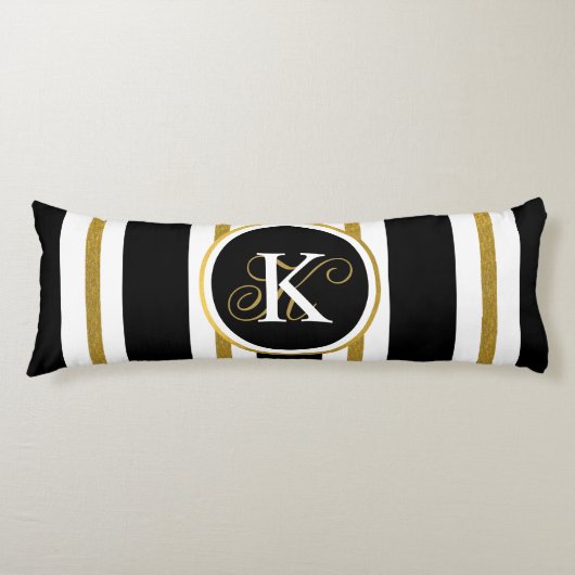 黒パーソナライズされたエレガント&金ゴールドストライプモノグラム ボディピロー (正面)