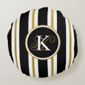 黒パーソナライズされたエレガント&金ゴールドストライプモノグラム ラウンドクッション (裏面)