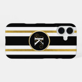 黒パーソナライズされたエレガント&金ゴールドストライプモノグラム iPhone 16ケース (裏面横)