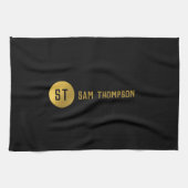 黒パーソナライズされたエレガント&金ゴールドモノグモダンラム キッチンタオル (横)