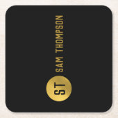 黒パーソナライズされたエレガント&金ゴールドモノグモダンラム スクエアペーパーコースター (正面)