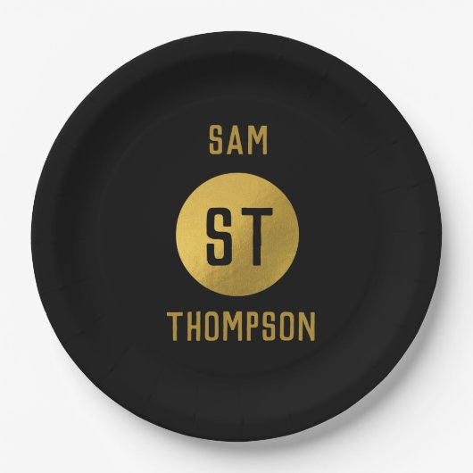黒パーソナライズされたエレガント&金ゴールドモノグモダンラム ペーパープレート (正面)