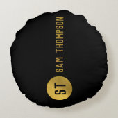 黒パーソナライズされたエレガント&金ゴールドモノグモダンラム ラウンドクッション (裏面)