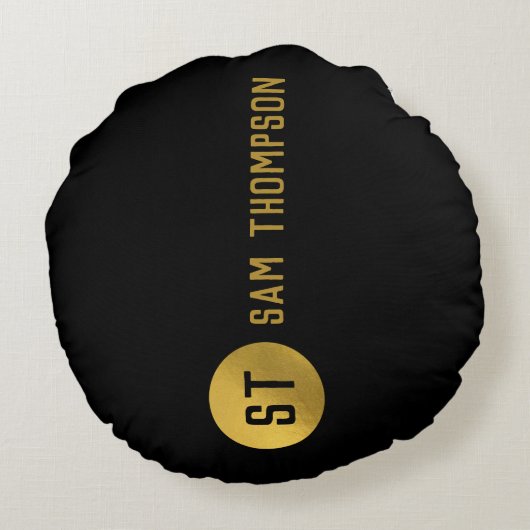 黒パーソナライズされたエレガント&金ゴールドモノグモダンラム ラウンドクッション (裏面)
