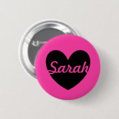 黒パーソナライズされたハートオン明るい赤紫色ピンク 缶バッジ (正面&裏面)