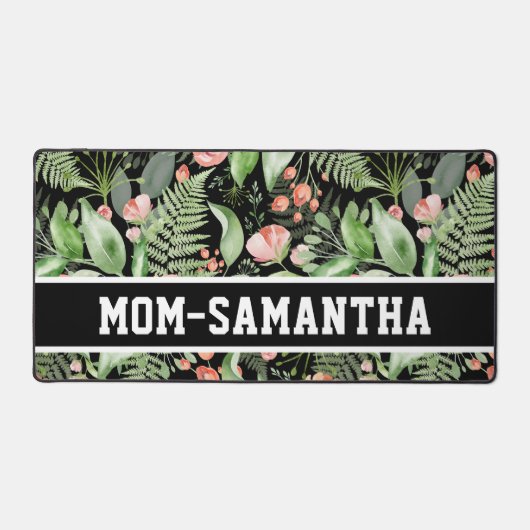 黒パーソナライズされたフローラママ名 デスクマット (正面)