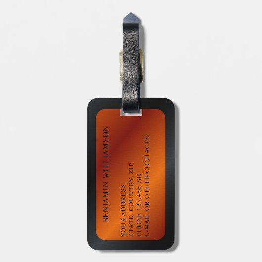 黒パーソナライズされたモダンとオレンジ ラゲッジタグ (裏面縦)