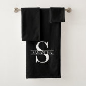 黒パーソナライズされたモダンと白のモノグラム名 バスタオルセット (インサイチュ)