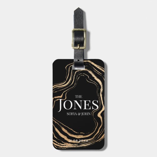 黒パーソナライズされたモダンエレガント金ゴールド ラゲッジタグ (正面縦)