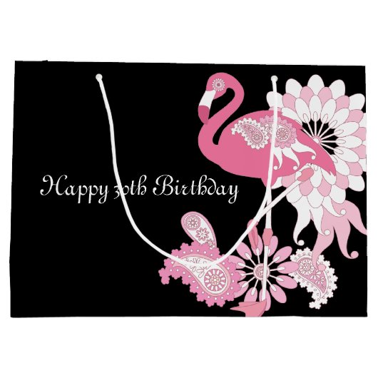 黒パーソナライズされたモダンピンクフラミンゴ誕生日 ラージペーパーバッグ (裏面)
