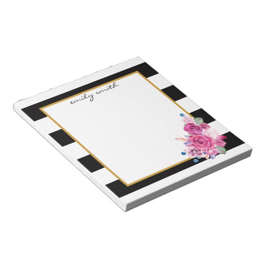 黒パーソナライズされたモダン白ストライプフローラ ノートパッド (アングル)