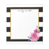 黒パーソナライズされたモダン白ストライプフローラ ノートパッド (正面)